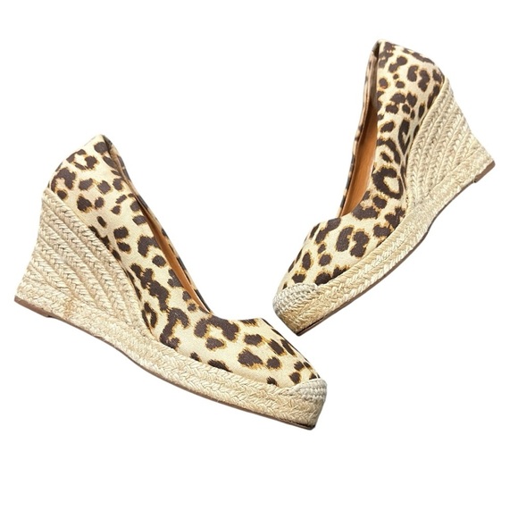 J Crew 7.5M Brown Tan Leopard Print Espadrille Canvas Slip On Wedge Heel Shoes - Picture 6 of 10